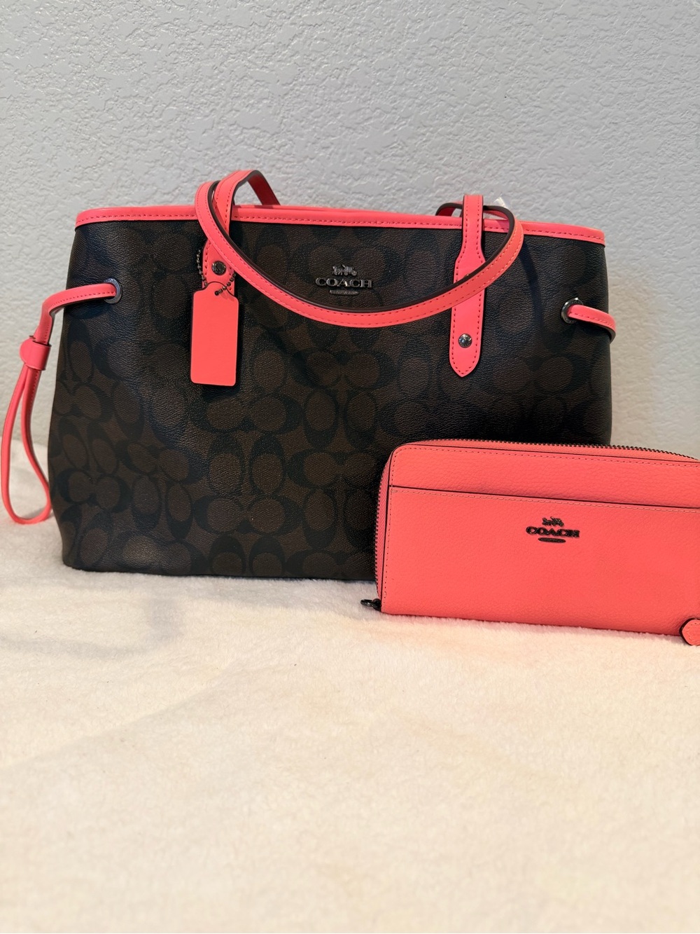 Coach Brown Signature Tote with Coral Trim and Coral Wallet